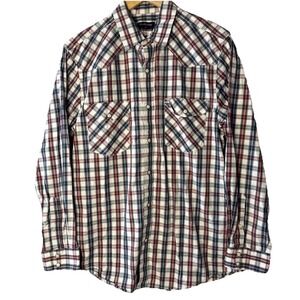 Double‎ Pump Western Shirt Mens M Red White Blue Long Sleeve Plaid Snap Button